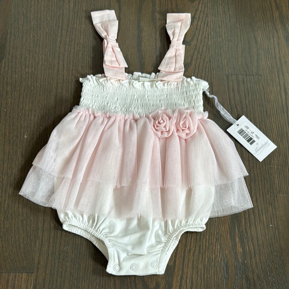 Miniclasix Pink & White Baby Romper with Tulle Skirt